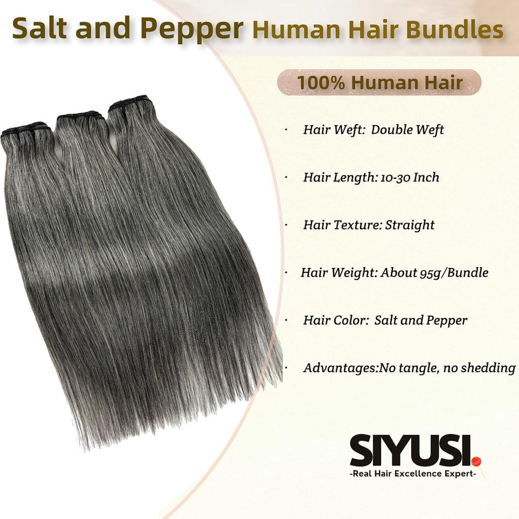 Salt & Pepper Straight Human Hair Bundles – 12" 12A Brazilian Unprocessed Hair, 3-Bundle Set, Natural Gray & White