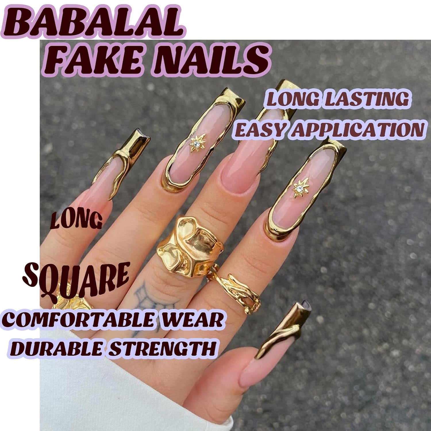 Nails Press on Long Square Fake Nails Gold Glue on 3D Texture Chrome Acrylic False Nails Y2K Star Stick on 24Pcs Manicure Handmade Artificial