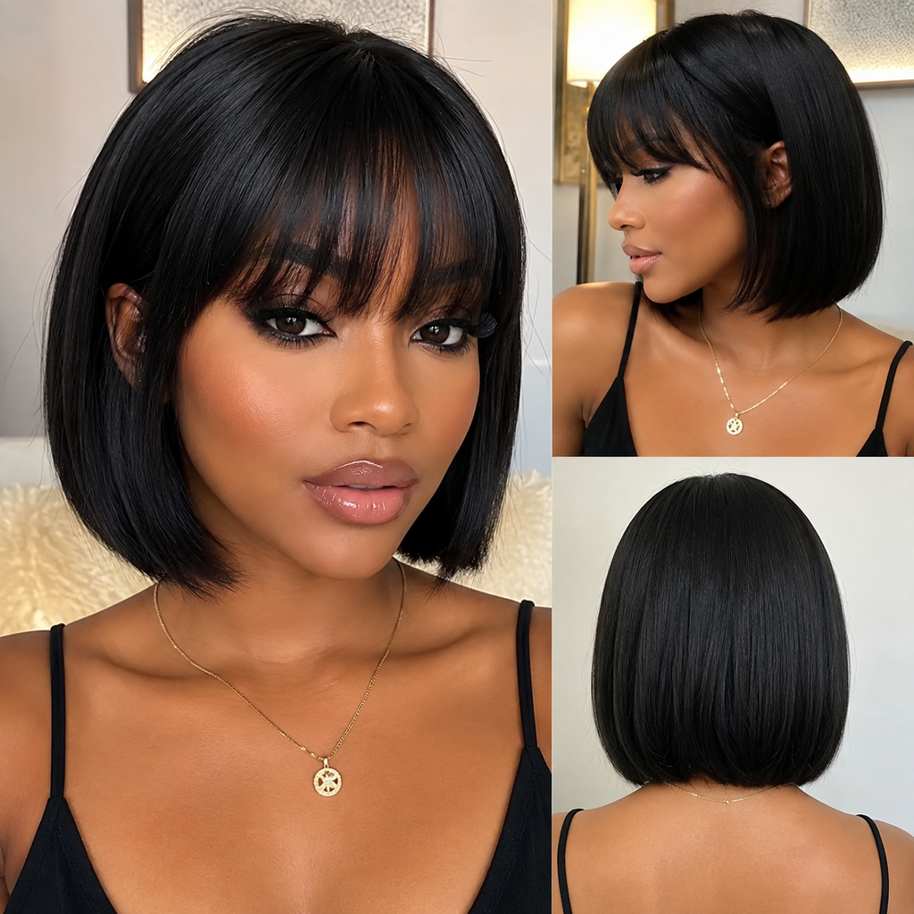 Anaya's Beauty Premium Straight Bob Human Hair Wig – Short Wear & Go Wig with Bangs, Natural Black, Machine-Made