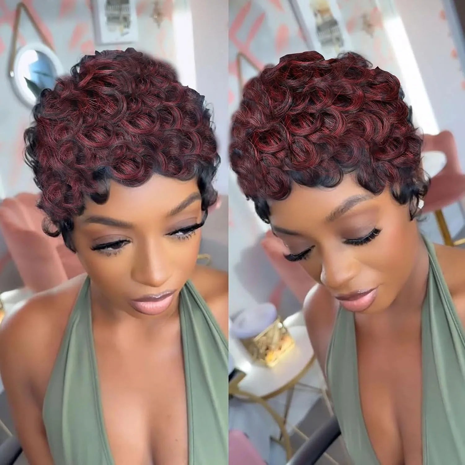 Short Curly Wigs Pixie Cut Wig Human Hair with Bangs Full Machine Made Curly Human Hair Wigs for Women Natural Black Color