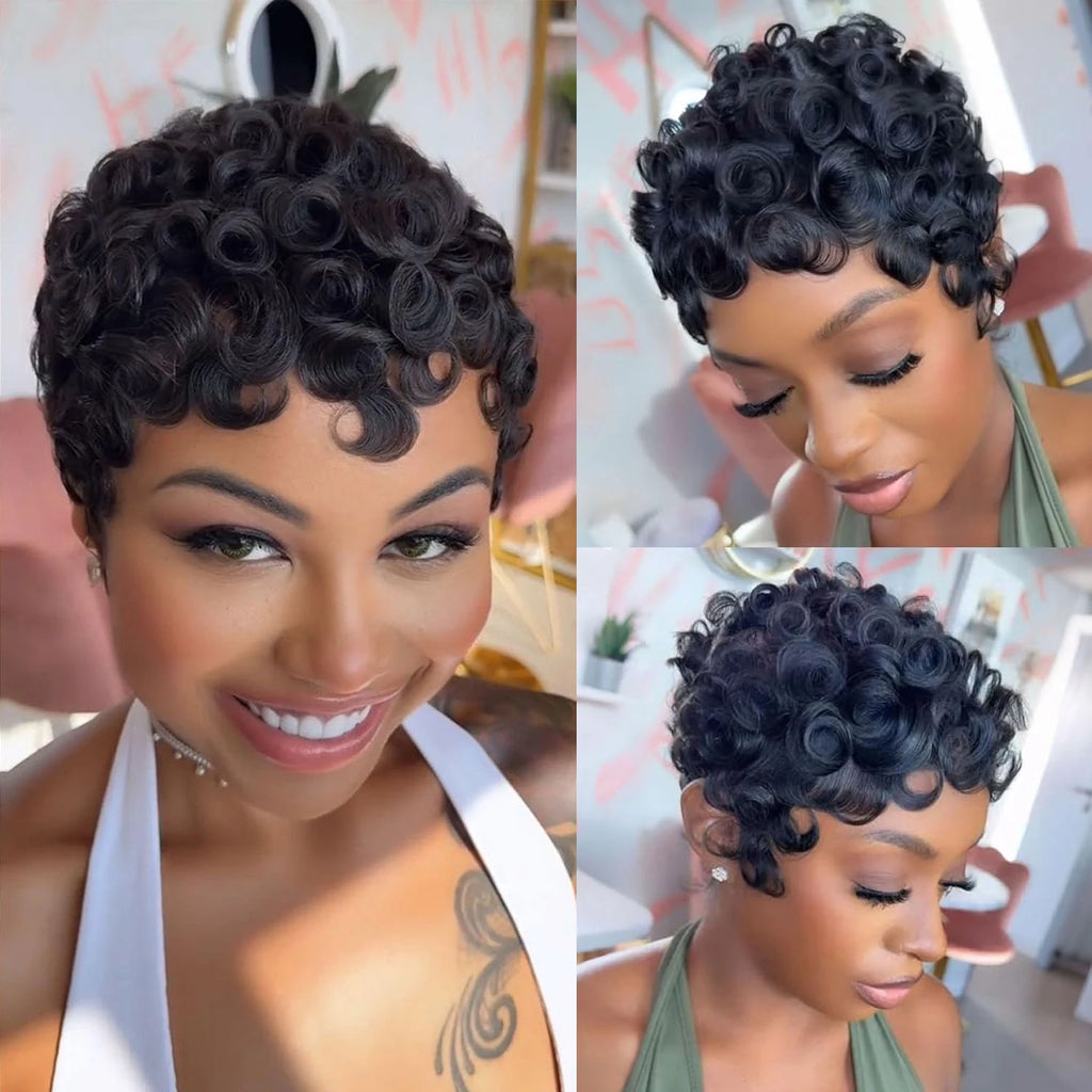 Short Curly Wigs Pixie Cut Wig Human Hair with Bangs Full Machine Made Curly Human Hair Wigs for Women Natural Black Color