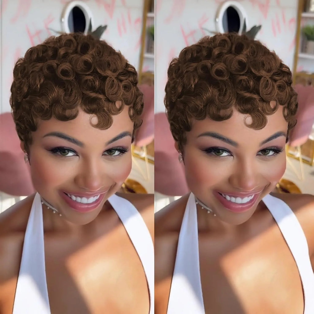 Short Curly Wigs Pixie Cut Wig Human Hair with Bangs Full Machine Made Curly Human Hair Wigs for Women Natural Black Color