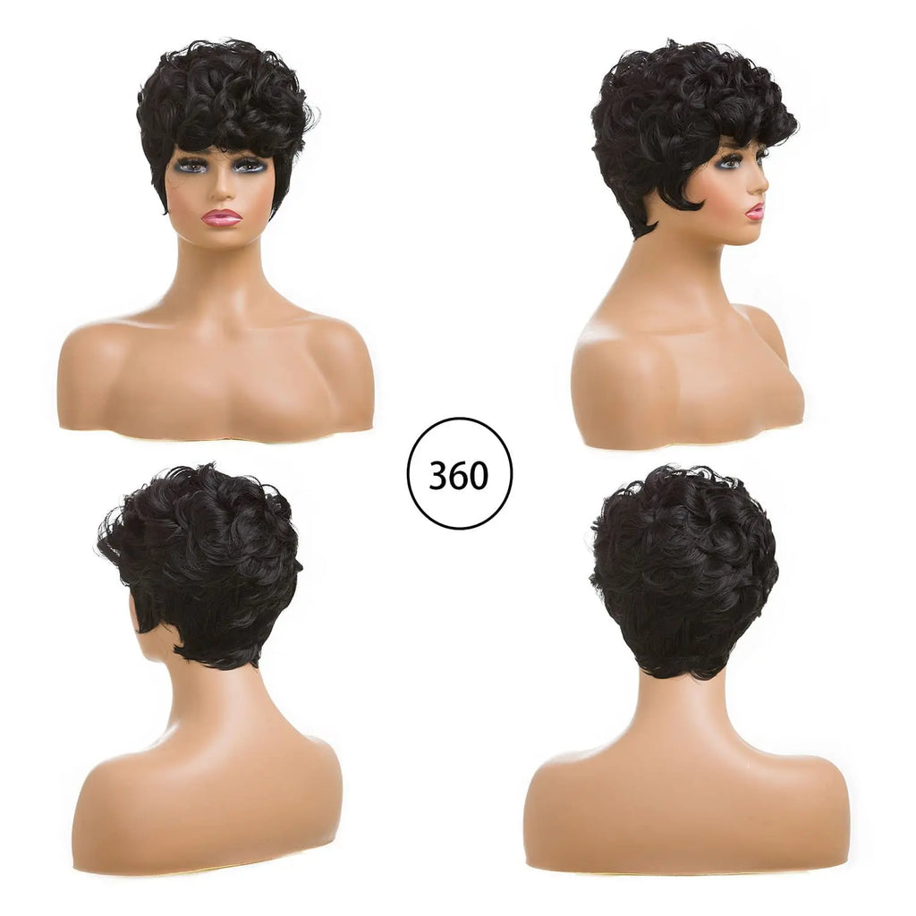 Short Pixie Cut Wigs for Black Women Curly Hair Wigs Replacement Synthetic Short Black Layered Pixie Wigs with Bangs for Bla