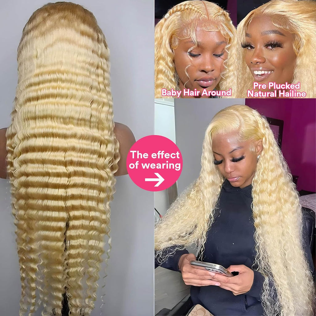 613 13X6 Lace Front Wig Human Hair 30 Inch Blonde Deep Wave Wig 180% Density 613 HD Lace Frontal Wig for Women Blonde Glueless Wigs Human Hair Pre Plucked with Baby Hair