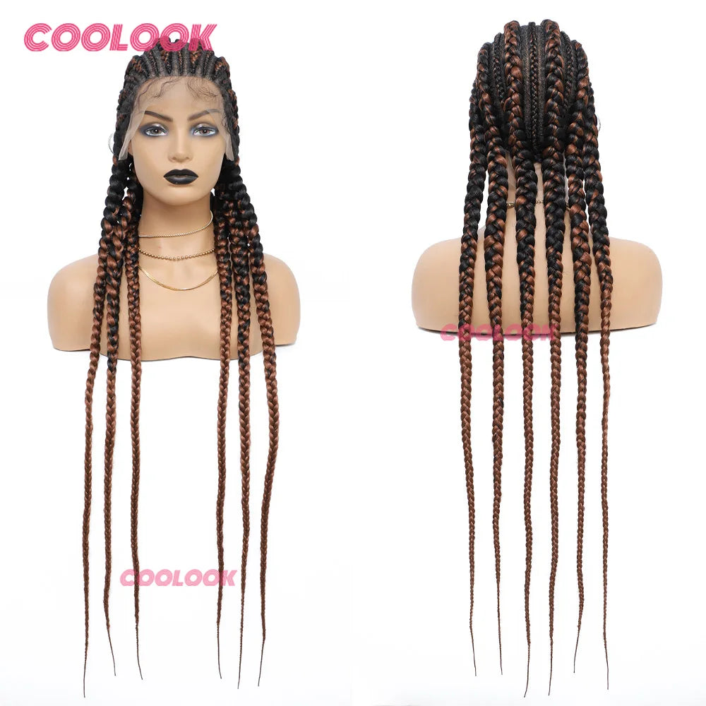36" Full Lace Front Wig Jumbo Box Braid Wigs with Baby Hair Knotess Lace Front Wig Synthetic Braided Wigs for Women African