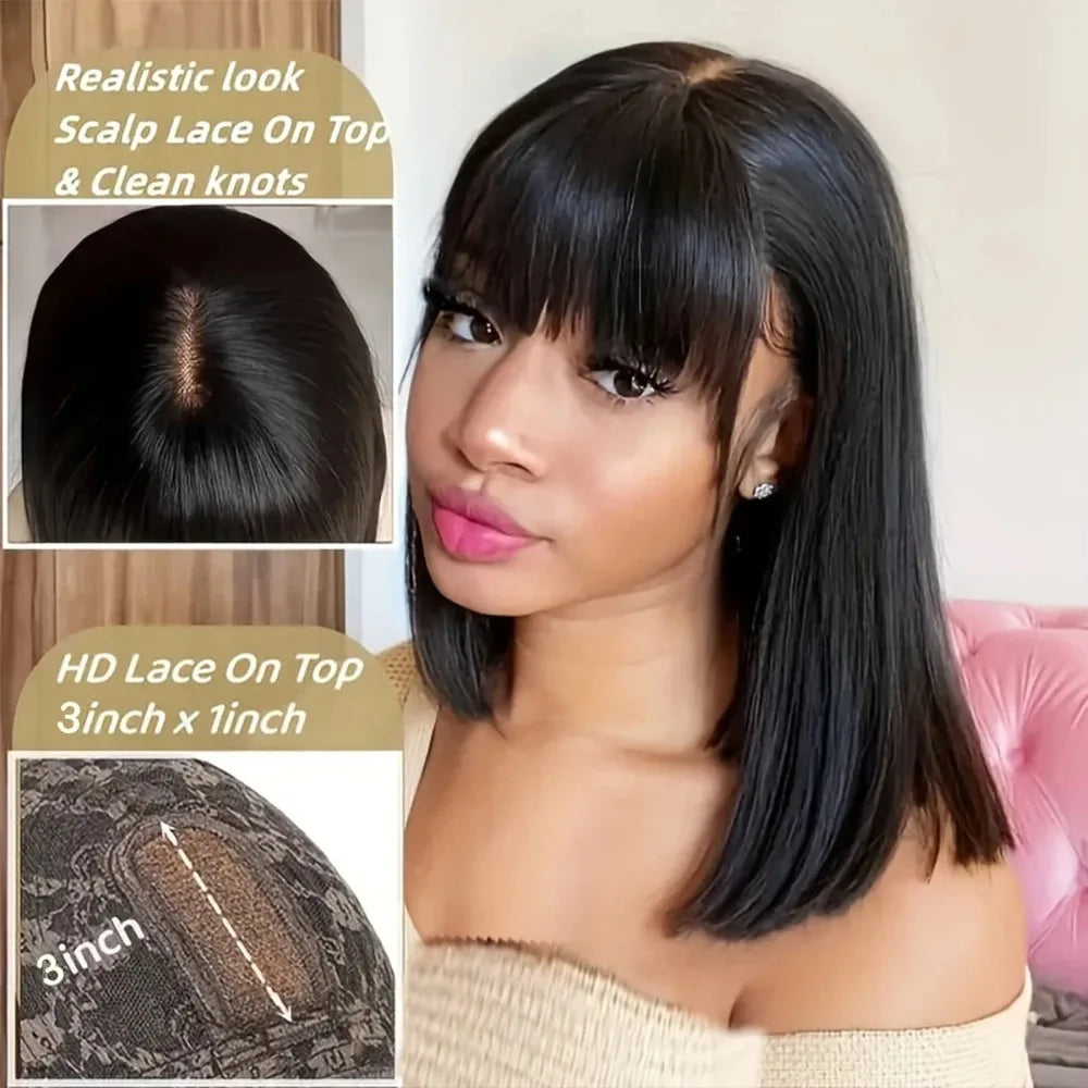 Bone Straight Short Bob Wig with Bangs Brazilian Glueless Wig Remy Hair 3X1 Lace Middle Part Wig Human Hair for Black Women