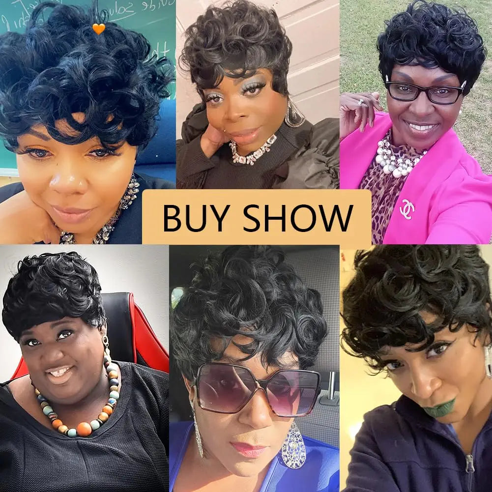 Short Pixie Cut Wigs for Black Women Curly Hair Wigs Replacement Synthetic Short Black Layered Pixie Wigs with Bangs for Bla
