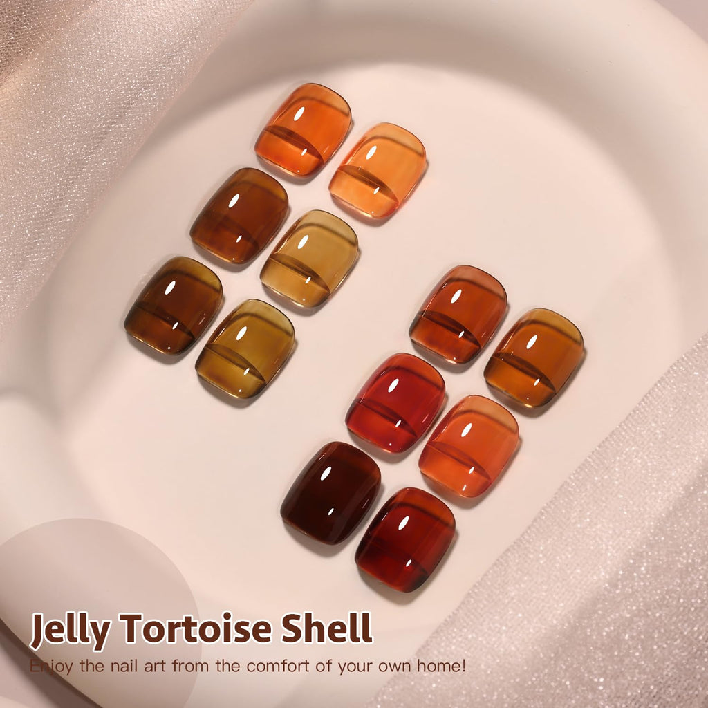 Jelly Tortoise Brown Gel Nail Polish Set, 6 Transparent Colors Dark Red Orange Pumpkin Soak off UV Light Cure Gel Polish Kit for Salon and Nail Art DIY at Home