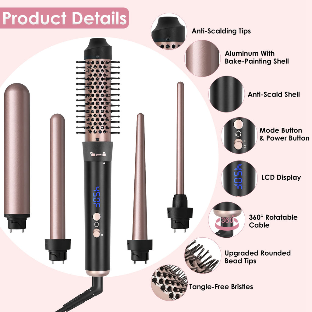 2 Type Options--1Pc 5 In 1 Curling Wand Hair Curling Iron Brush Anti-Tangle Hair Thermal Brush Curler - Anaya Beauty