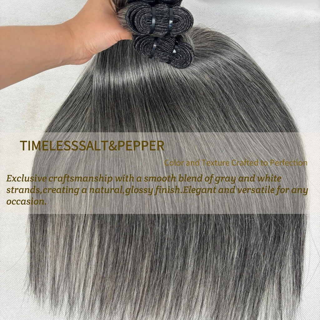 Salt & Pepper Straight Human Hair Bundles – 12" 12A Brazilian Unprocessed Hair, 3-Bundle Set, Natural Gray & White