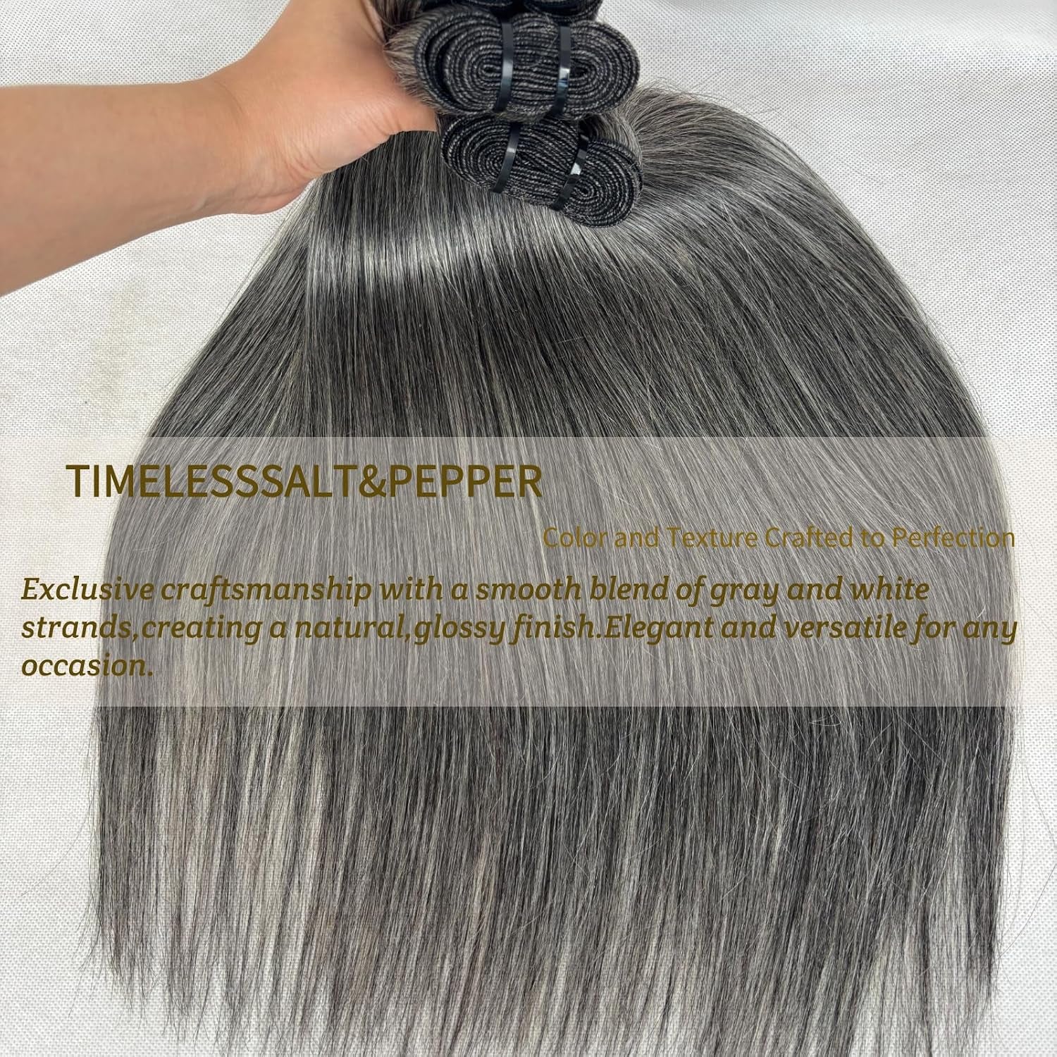 Salt & Pepper Straight Human Hair Bundles – 12" 12A Brazilian Unprocessed Hair, 3-Bundle Set, Natural Gray & White