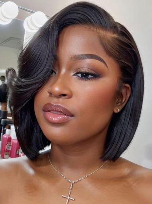 10 Inch Short Layered Bob Drawstring Wig Human Hair with Side Swept Bangs Bye Bye Knots 7X5 Lace Closure Glueless Wigs Human Hair Pre Plucked Pre Cut Read to Wear