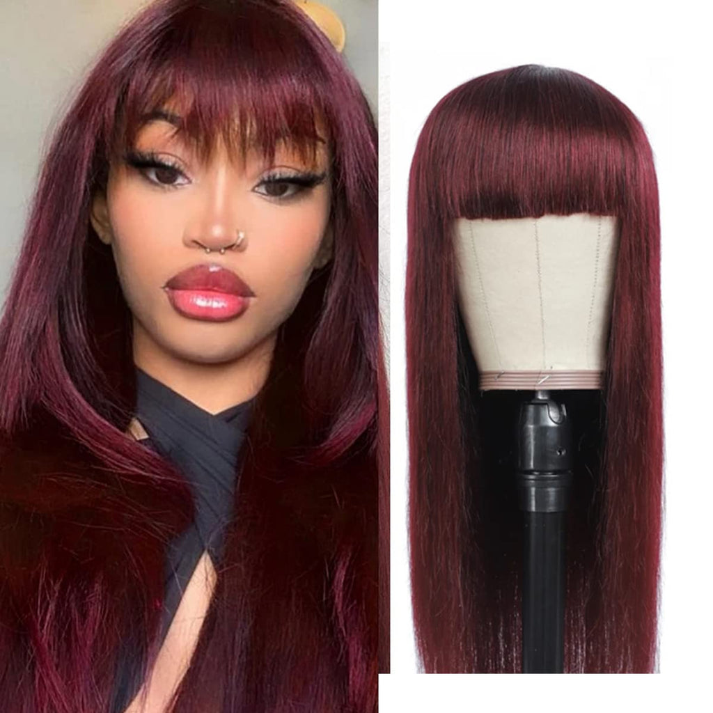 26" Burgundy Human Hair Wig with Bangs – Brazilian Virgin Straight Hair, Full Machine-Made Non-Lace Wig