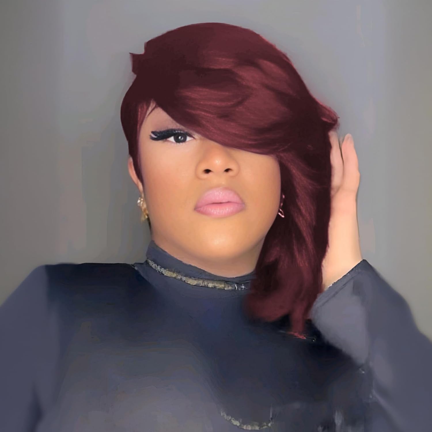 10A Pixie Cut Wigs for Black Women Model Length 99J Burgundy Color Side Part Short Layered Pixie Cut Human Hair Wear and Go Glueless Wigs with Bangs for Daily Use (99J)