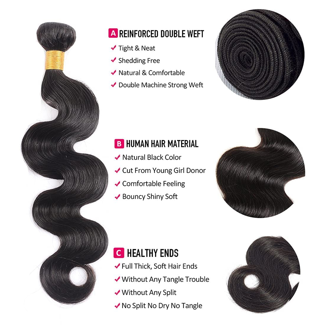 Body Wave Human Hair Bundles Unprocessed Brazilian Virgin Hair Bundles Natural Color Human Hair Quick Weave Hair Extension, 20 22 24