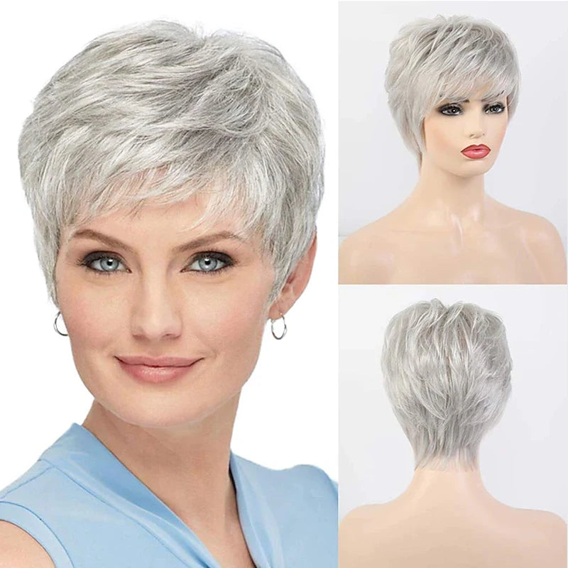 Short Grey Wigs for White Women Mixed Gray Silver Curly Wigs with Bangs Grandma Synthetic Short Hair Wigs