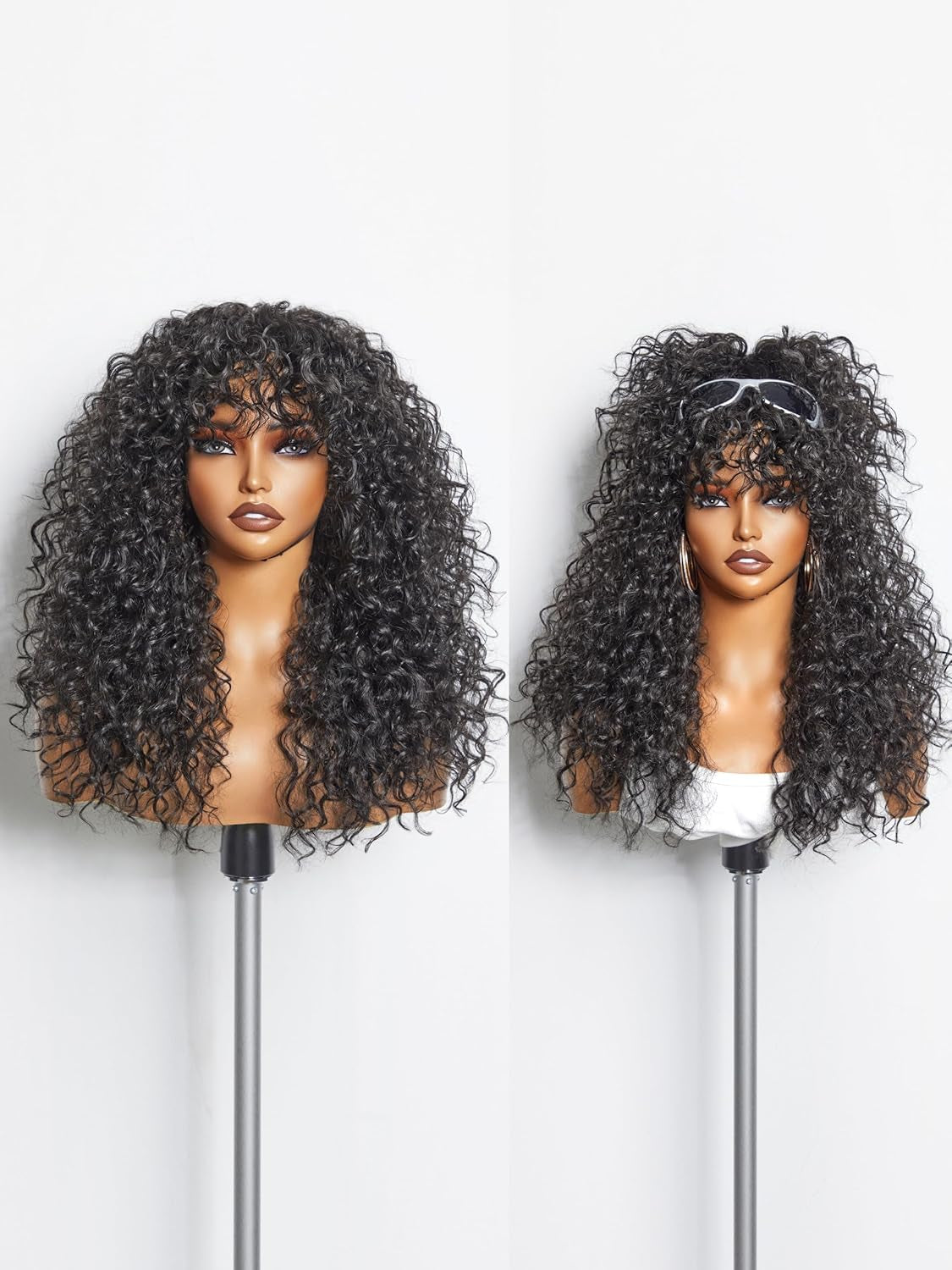 Veralux Blend Human Hair Glueless Curly Wig with Bangs Natural Black Synthetic Curtain Bang with Realistic Scalp Put on and Go 20 Inch