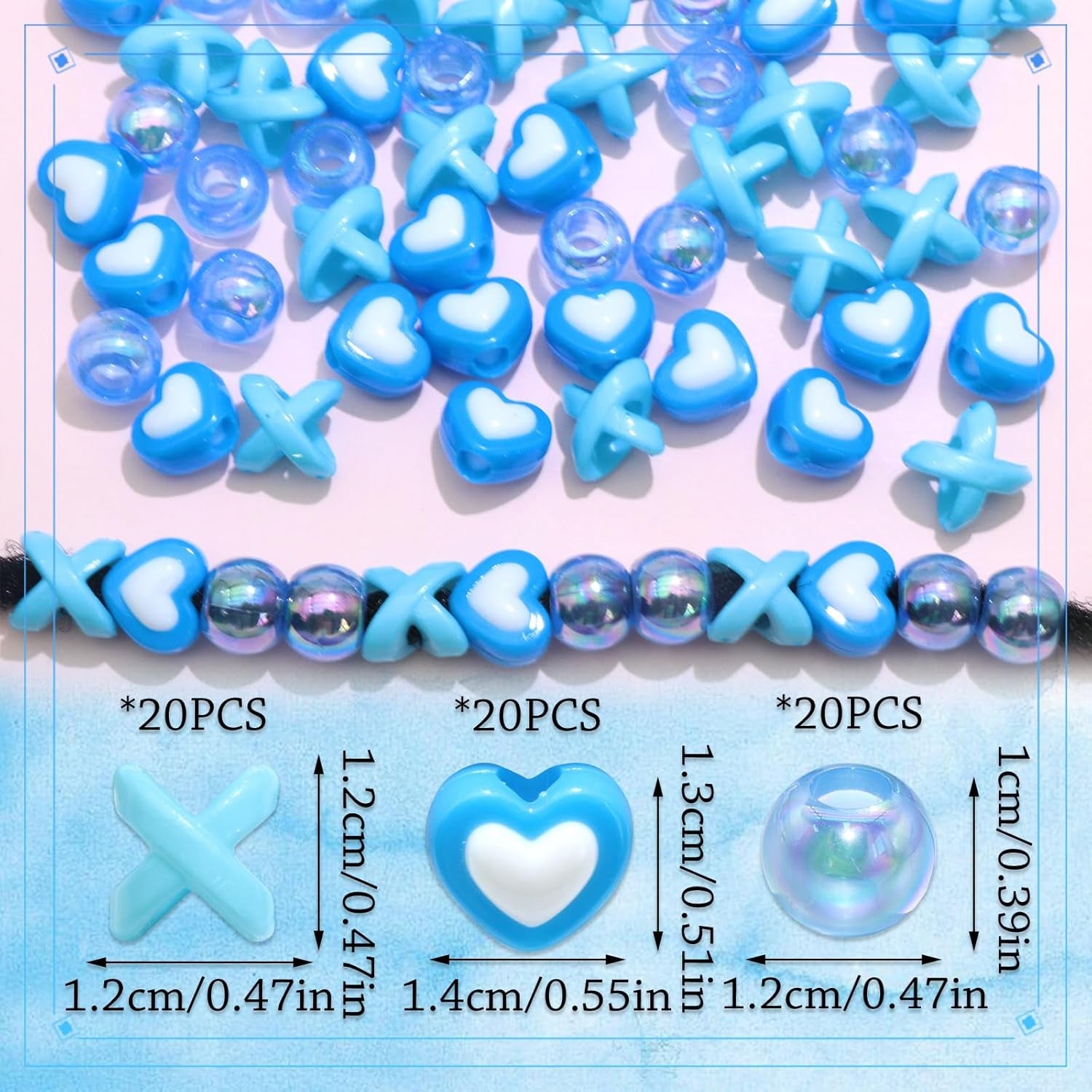 60PCS Blue Hair Beads for Braids 3 Styles Loc Bead Cute Hair Jewelry Heart Shape AB Color round Beads Hair Decoration Accessories