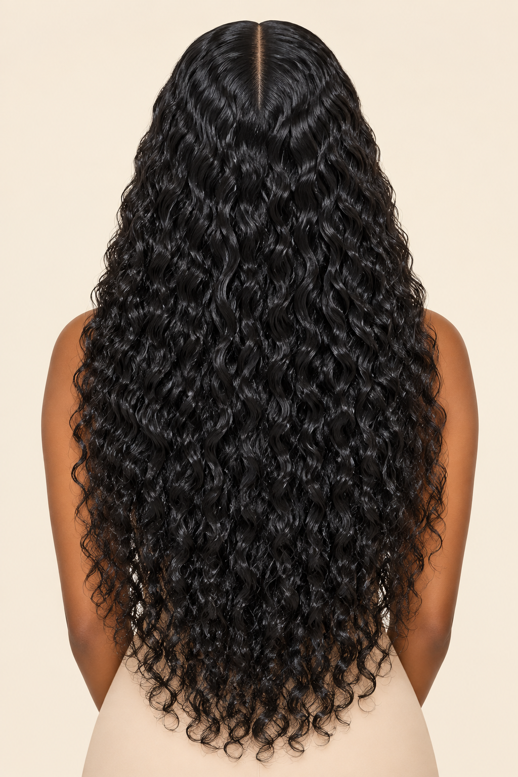 Back view of the 13x5 natural-color human-hair water-wave middle-part lace-front wig