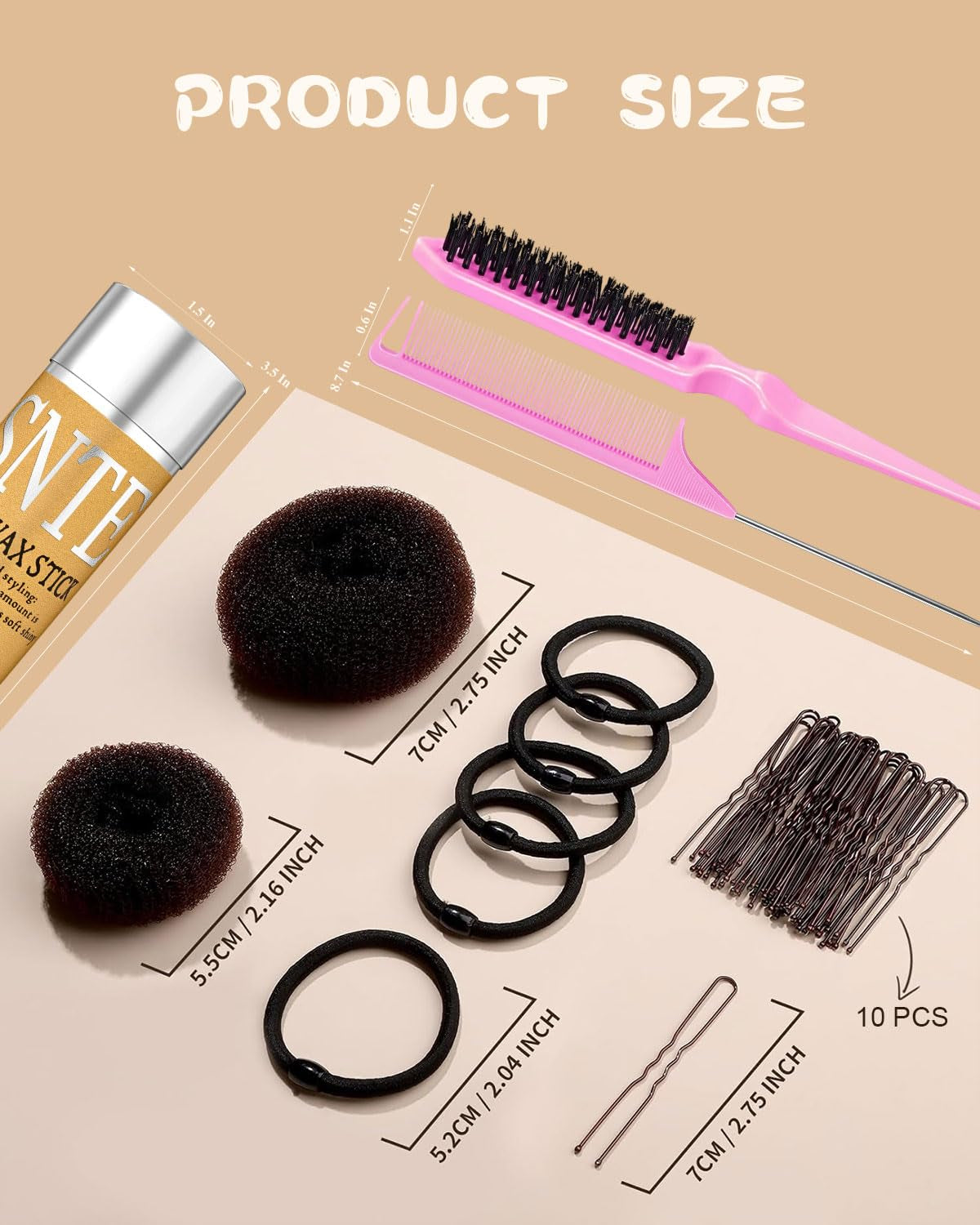 Hair Bun Maker for Kids, Girls & Women - Controls Frizz, Smooths Flyaways, Creates Buns & Updos - 4 Black Donut Sock Buns in Sizes, 1 Hair Wax Stick, 5 Elastic Bands, 10 Hairs Pins, 2 Style Brushes