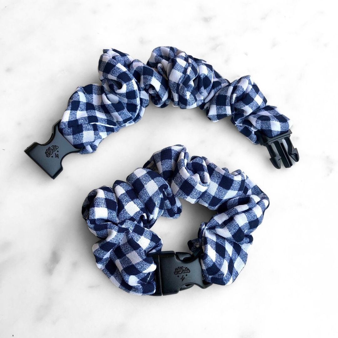 Gingham Navy Buckle Scrunchie Ponytail Holder with a Clasp - No Snagging, No Tangles