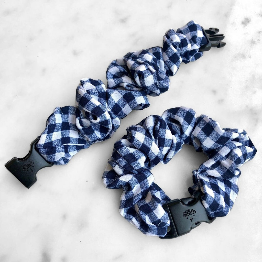 Gingham Navy Buckle Scrunchie Ponytail Holder with a Clasp - No Snagging, No Tangles