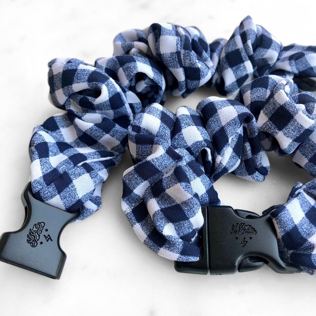 Gingham Navy Buckle Scrunchie Ponytail Holder with a Clasp - No Snagging, No Tangles