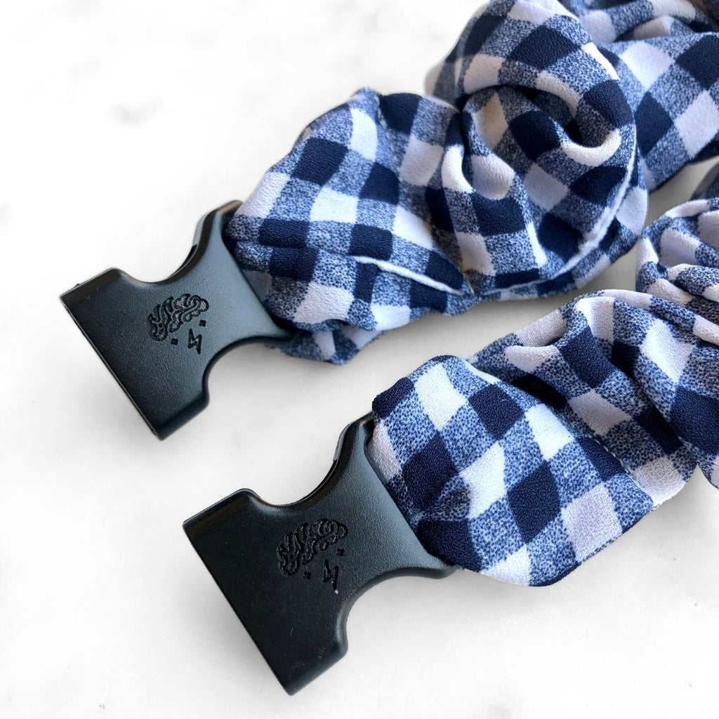 Gingham Navy Buckle Scrunchie Ponytail Holder with a Clasp - No Snagging, No Tangles