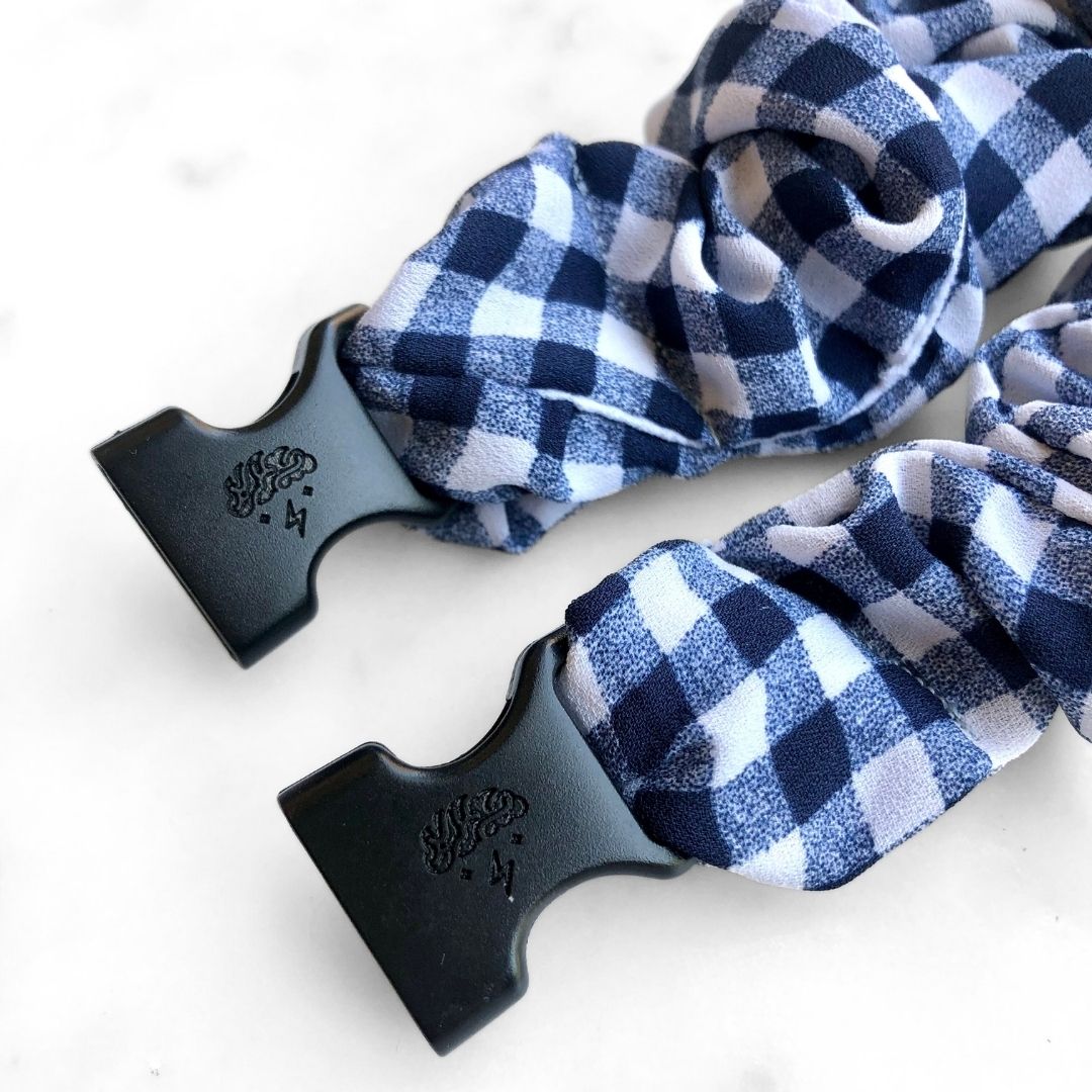 Gingham Navy Buckle Scrunchie Ponytail Holder with a Clasp - No Snagging, No Tangles