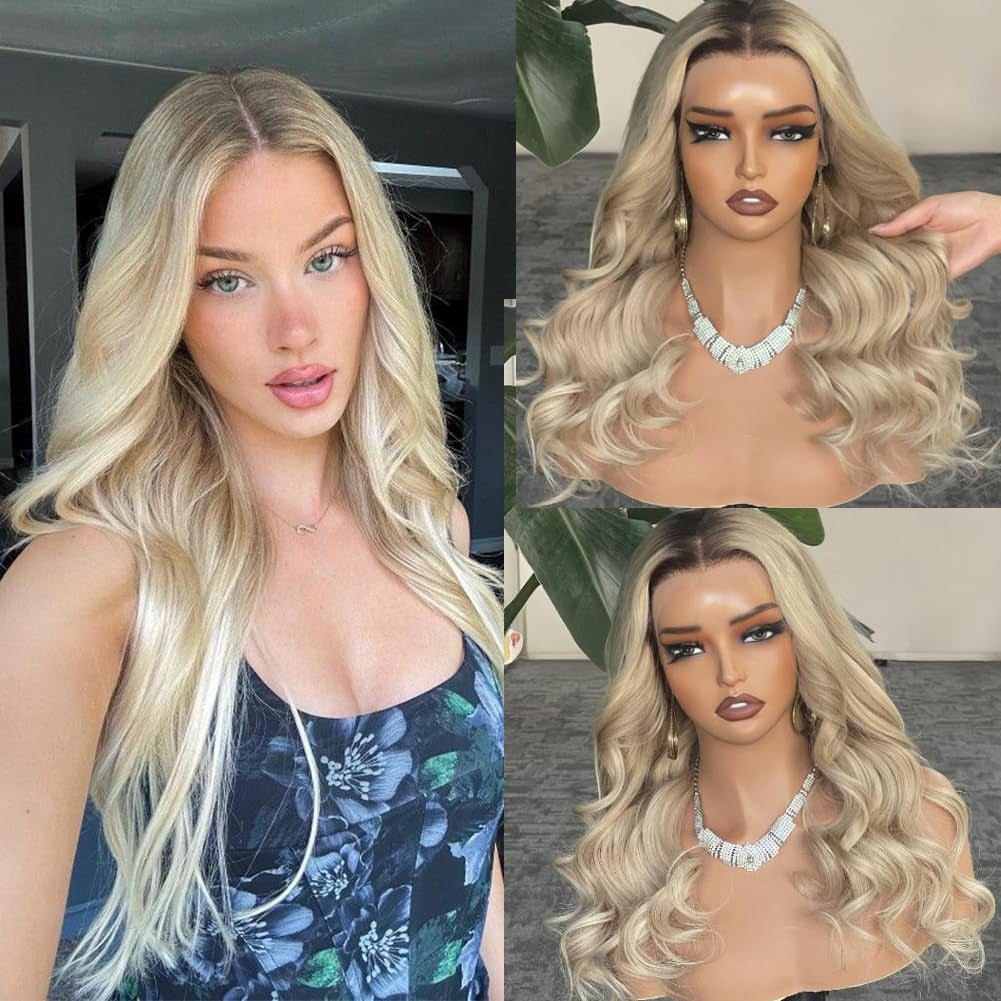 220% Ash Blonde Wig Human Hair Pre Plucked Pre Cut Glueless 13X4 UHD Lace Front Wigs for Women Ombre Highlight Balayage Blonde Real Human Hair with Dark Roots Soft Long Body Wave 22Inch