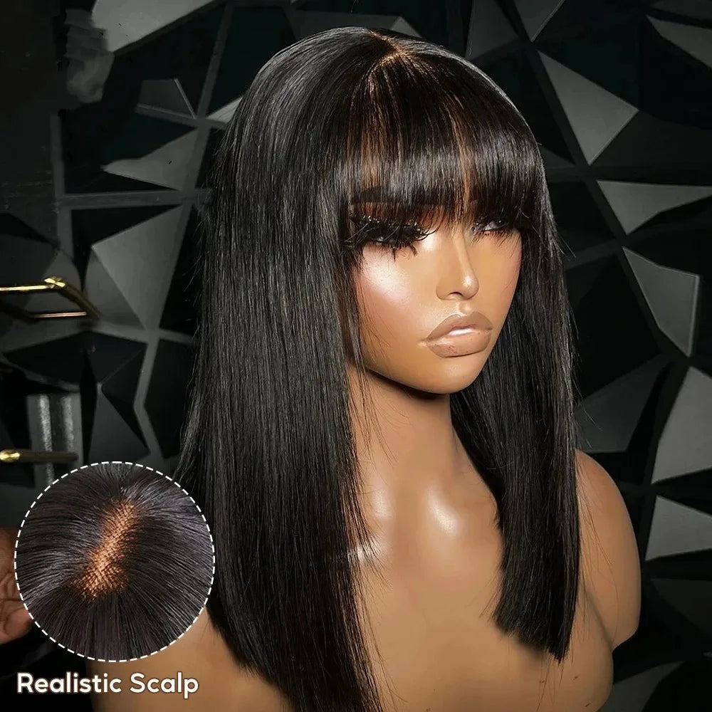 Bone Straight Short Bob Wig with Bangs Brazilian Glueless Wig Remy Hair 3X1 Lace Middle Part Wig Human Hair for Black Women