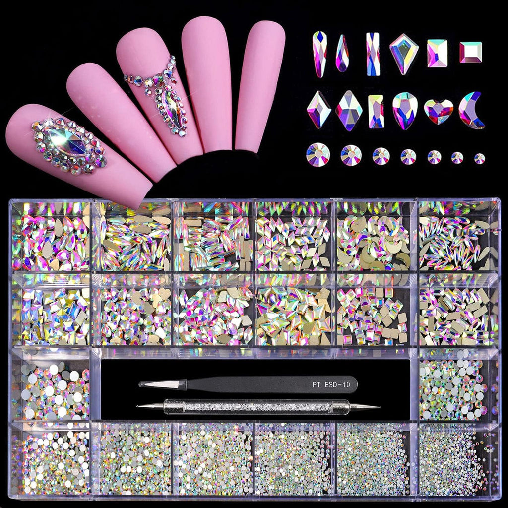 Variety Pack of 12 Crystal AB Diamond Shapes and 2500 Flat Rhinestones for DIY Crafts - Includes 20 Styles of Flatback Stones, Tweezers, and Drill Pen