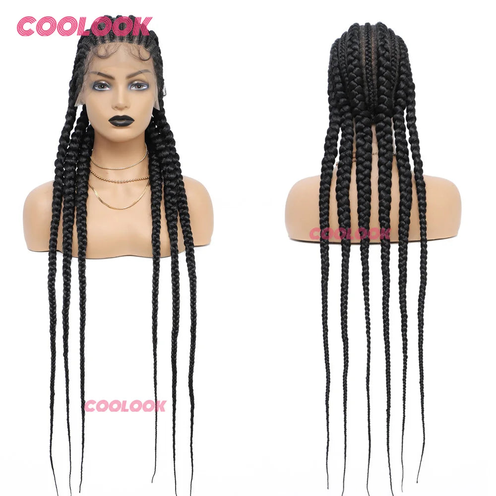 36" Full Lace Front Wig Jumbo Box Braid Wigs with Baby Hair Knotess Lace Front Wig Synthetic Braided Wigs for Women African