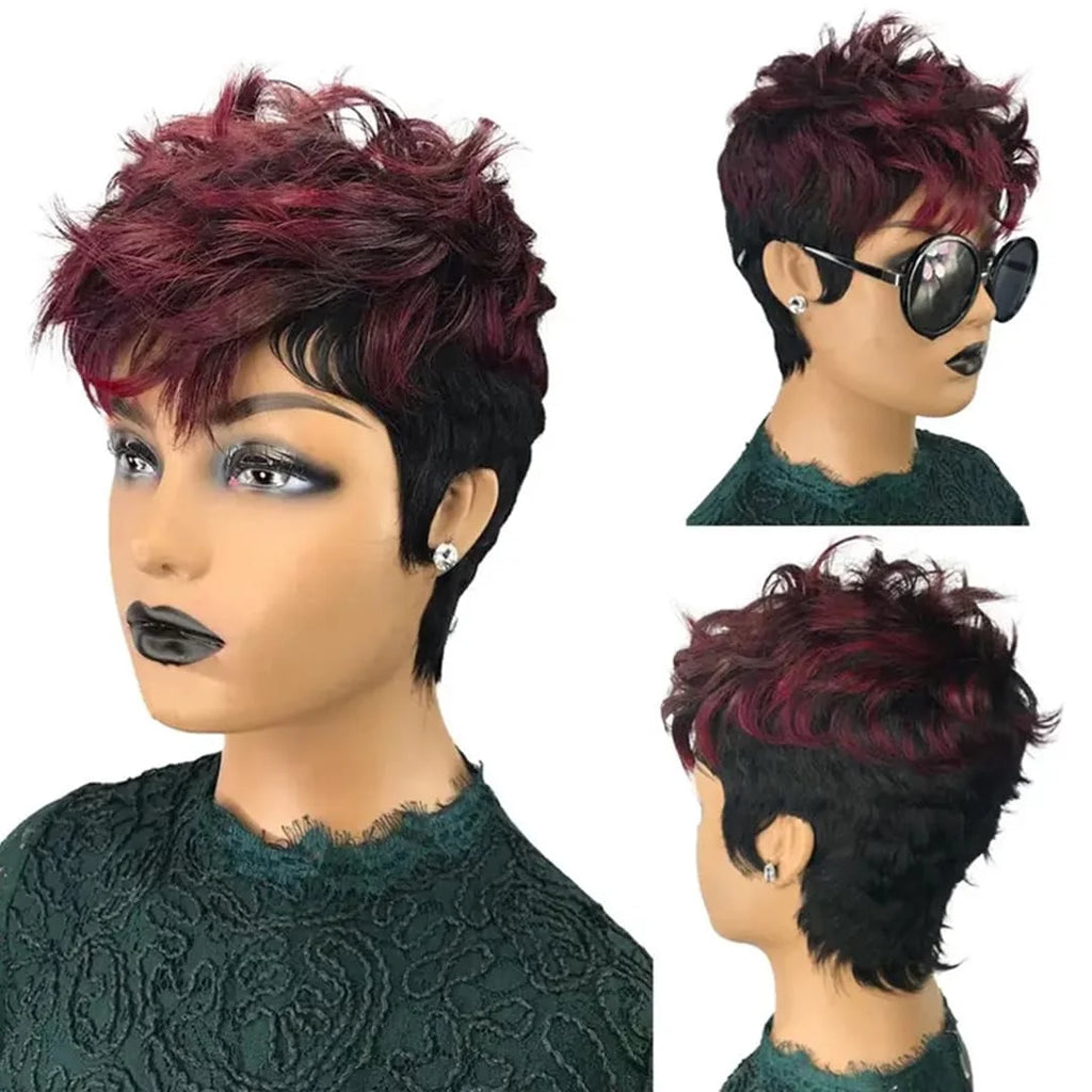 1B/99J Burgundy Pixie Cut Human Hair Wig – Short Layered Brazilian Virgin Hair, Glueless Wear & Go
