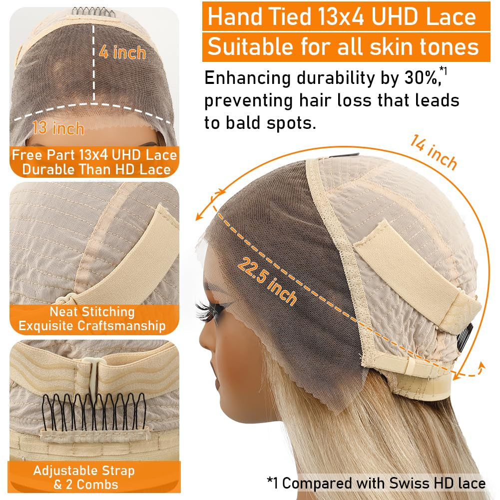 220% Ash Blonde Wig Human Hair Pre Plucked Pre Cut Glueless 13X4 UHD Lace Front Wigs for Women Ombre Highlight Balayage Blonde Real Human Hair with Dark Roots Soft Long Body Wave 22Inch