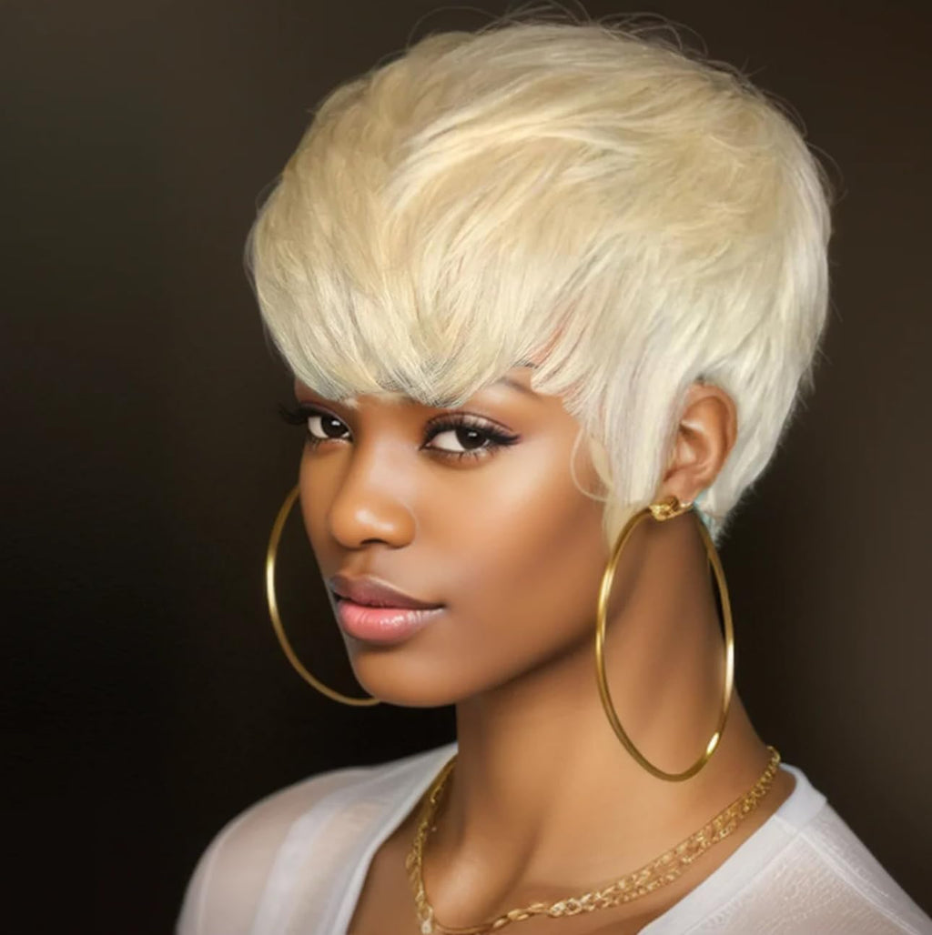 Synthetic Short Wigs for Blackwhite Women Short Hair Wig with Bang Short Pixie Cut Wig (QC-1026), 1 Count (Pack of 1)