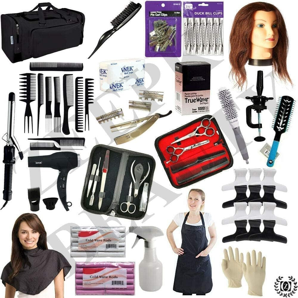 Professional 24 PCS Cosmetology Kit Hair School, Barbershop Beauty Salon Approved Use! 10 Piece Comb Set, Butterfly Clips, Flex Rods, Mannequin Head W/Stand! Hair Brushes! Neck Wraps!