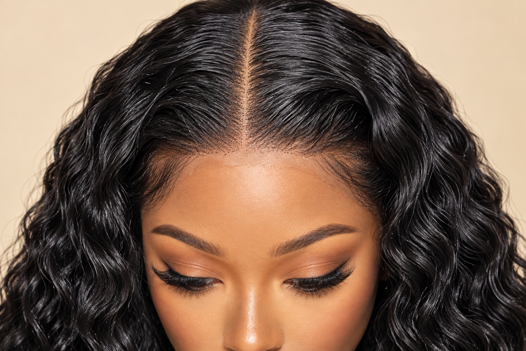 Close-up of the middle part, lace, hairline, and wave texture on the 13x5 water-wave wig