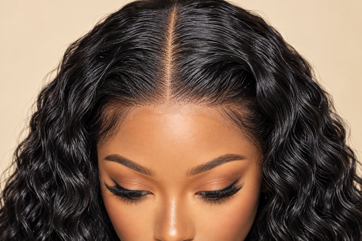 Close-up of the middle part, lace, hairline, and wave texture on the 13x5 water-wave wig