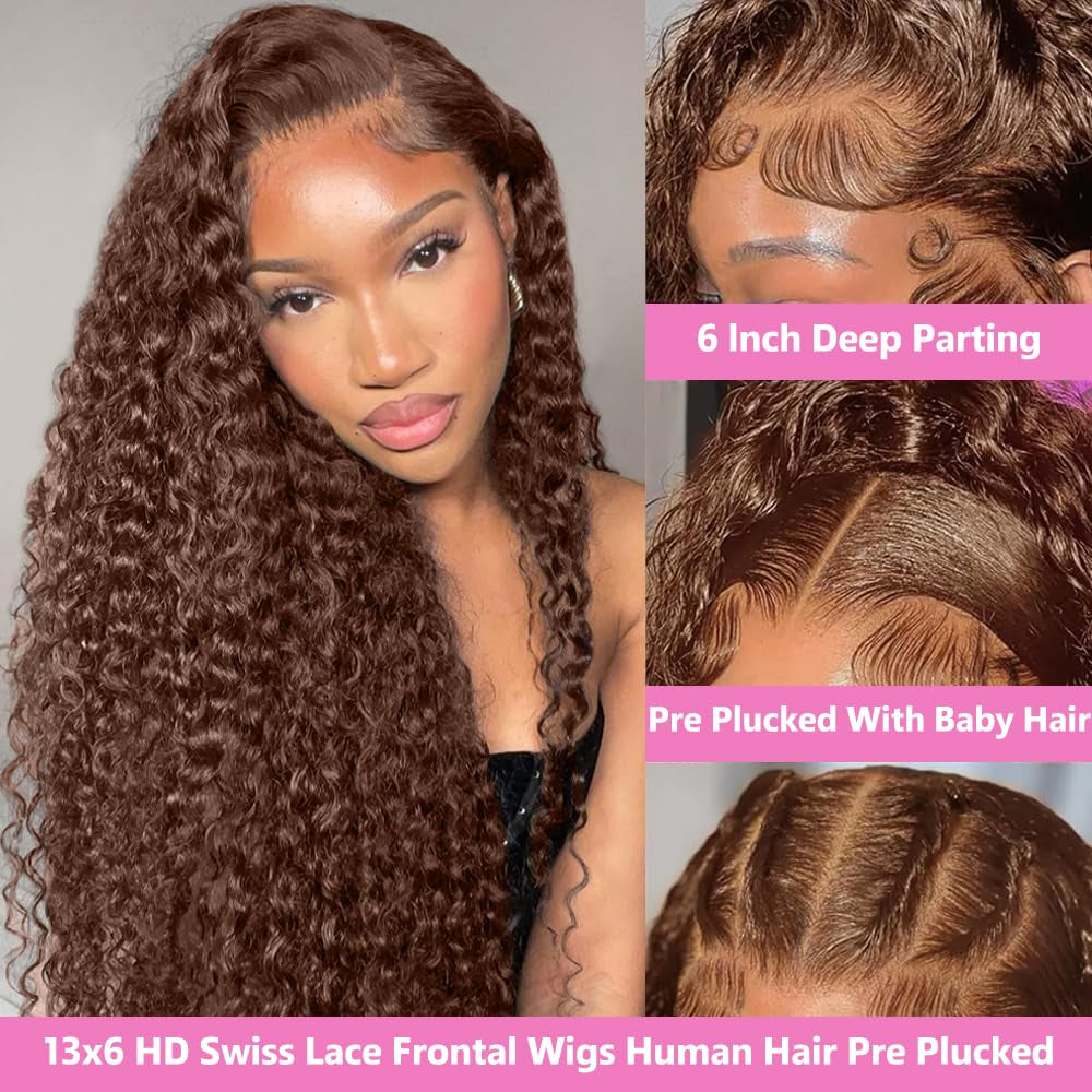 30Inch Chocolate Brown Human Hair Wig 200 Density 13X6 HD Deep Wave Lace Front Wigs Human Hair Colored Deep Curly Lace Frontal Wigs Glueless Wig Brown Wig Wigs for Women