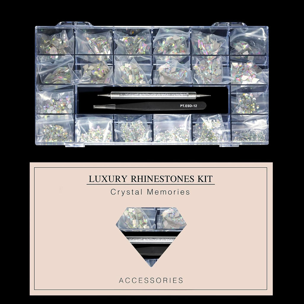 Variety Pack of 12 Crystal AB Diamond Shapes and 2500 Flat Rhinestones for DIY Crafts - Includes 20 Styles of Flatback Stones, Tweezers, and Drill Pen