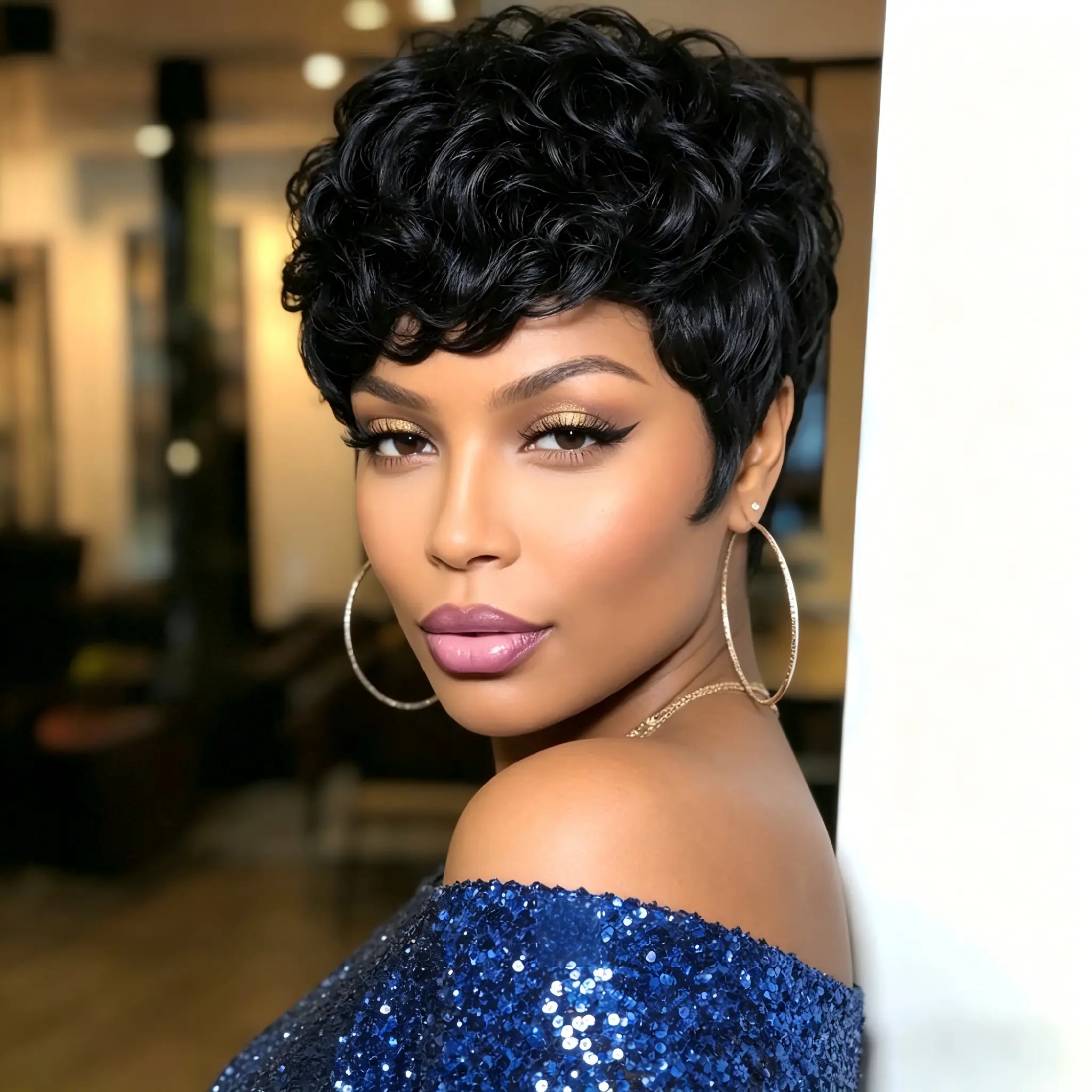 Anaya's Beauty Synthetic Wavy Pixie Wig – Heat-Resistant Black Hair with Full Curls for Everyday Wear, Special Occasions, and Cosplay – Versatile Hairpiece for Fashion Enthusiasts and Mothers