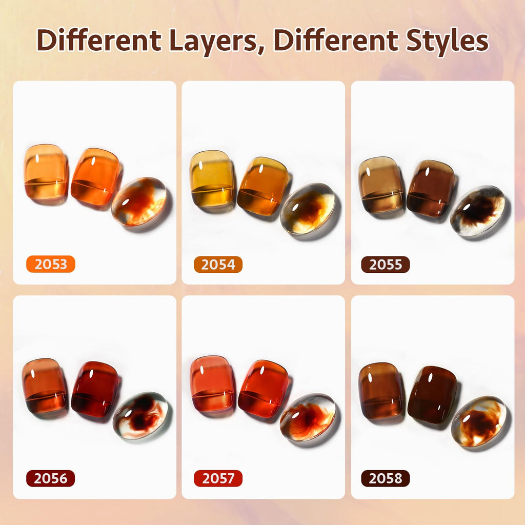 Jelly Tortoise Brown Gel Nail Polish Set, 6 Transparent Colors Dark Red Orange Pumpkin Soak off UV Light Cure Gel Polish Kit for Salon and Nail Art DIY at Home