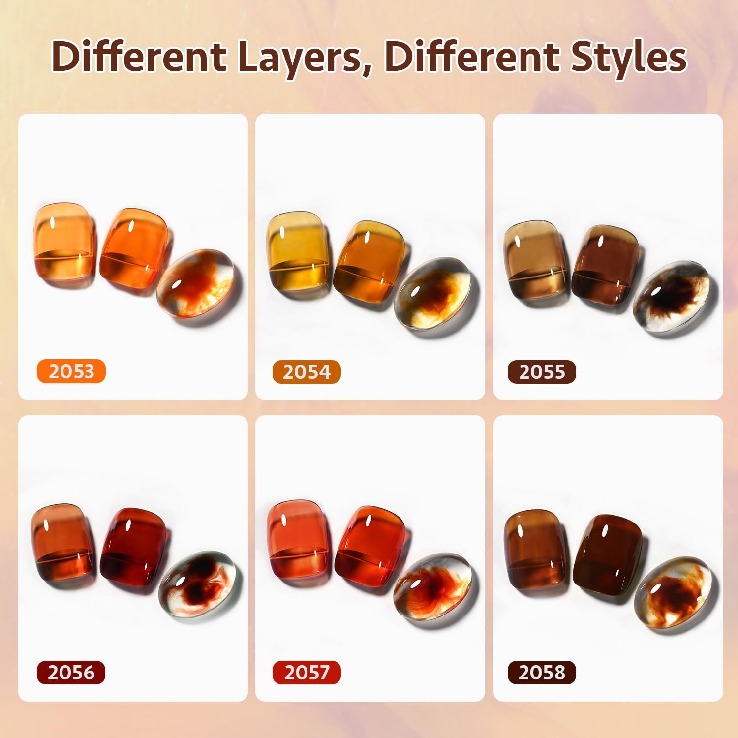 Jelly Tortoise Brown Gel Nail Polish Set, 6 Transparent Colors Dark Red Orange Pumpkin Soak off UV Light Cure Gel Polish Kit for Salon and Nail Art DIY at Home