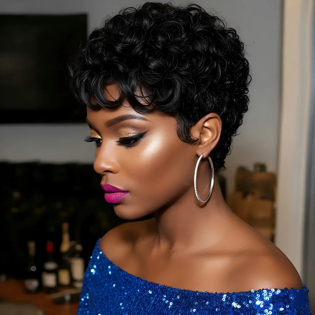 Anaya's Beauty Synthetic Wavy Pixie Wig – Heat-Resistant Black Hair with Full Curls for Everyday Wear, Special Occasions, and Cosplay – Versatile Hairpiece for Fashion Enthusiasts and Mothers