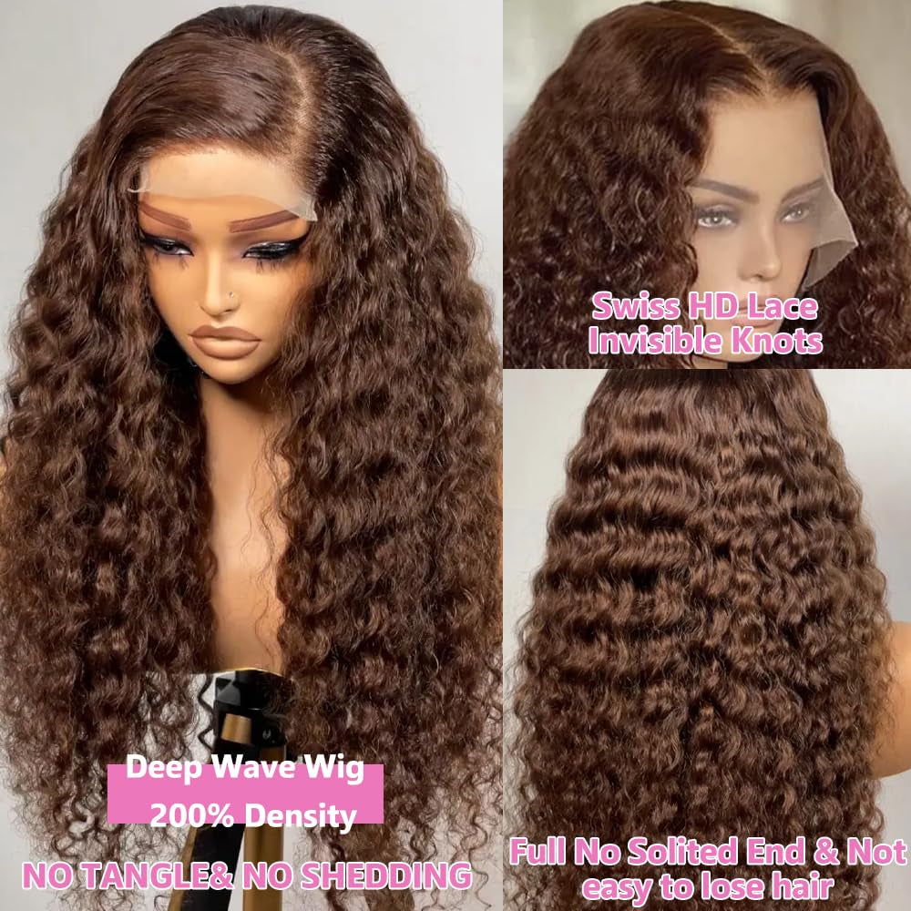 30Inch Chocolate Brown Human Hair Wig 200 Density 13X6 HD Deep Wave Lace Front Wigs Human Hair Colored Deep Curly Lace Frontal Wigs Glueless Wig Brown Wig Wigs for Women