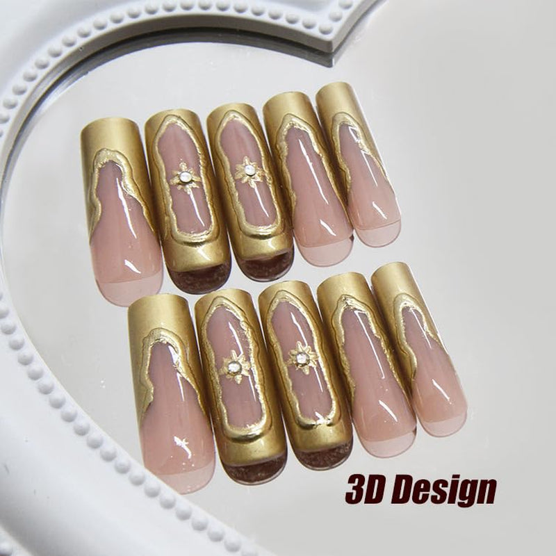 Nails Press on Long Square Fake Nails Gold Glue on 3D Texture Chrome Acrylic False Nails Y2K Star Stick on 24Pcs Manicure Handmade Artificial