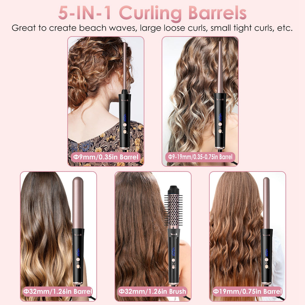 2 Type Options--1Pc 5 In 1 Curling Wand Hair Curling Iron Brush Anti-Tangle Hair Thermal Brush Curler - Anaya Beauty
