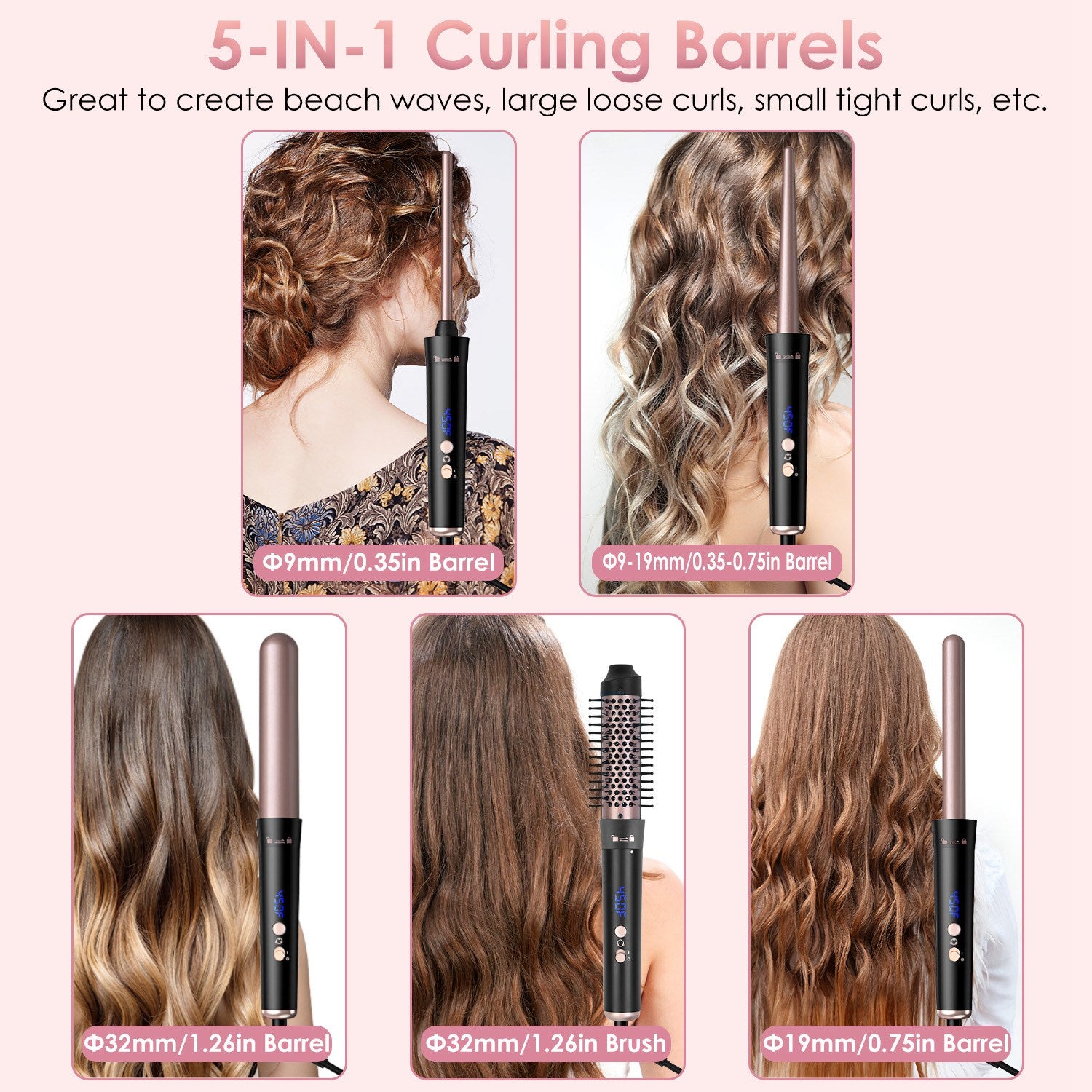 2 Type Options--1Pc 5 In 1 Curling Wand Hair Curling Iron Brush Anti-Tangle Hair Thermal Brush Curler - Anaya Beauty