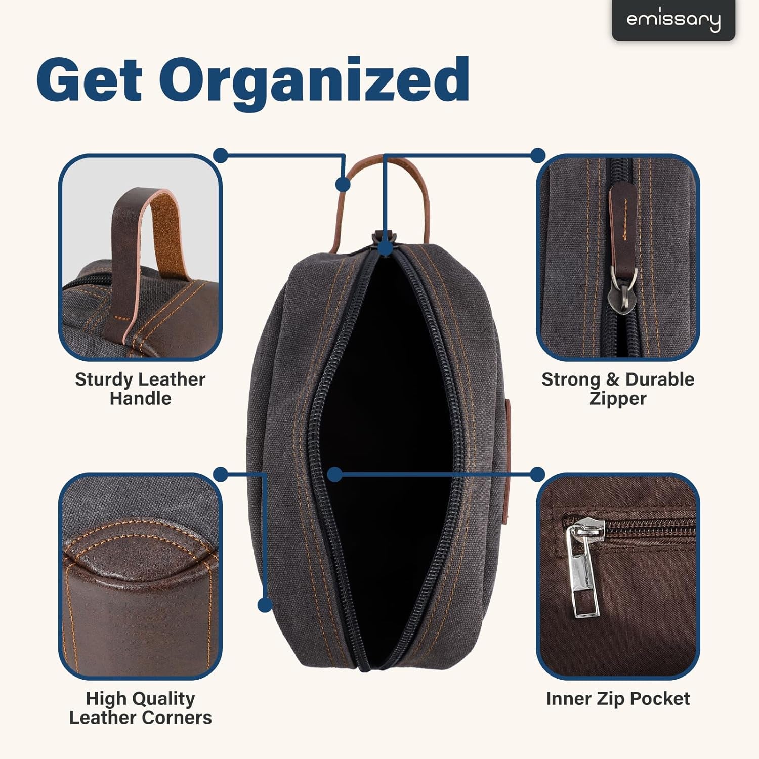 Men'S Canvas Travel Toiletry Bag, Leather Dopp Kit - Gray | Durable Canvas & PU Leather, Water-Resistant Lining, Side Handle; Roomy Men'S Dopp Kit for Travel & Gym
